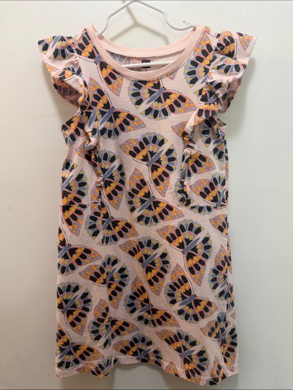 Girls' Pink Flutter-Sleeve Dress with Butterfly Print